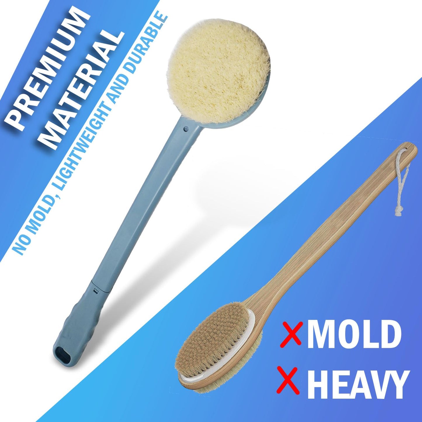 Bath Body Brush 15" Long Handle Back Shower Brush Exfoliating Back, Body and Feet Scrubber (Blue)