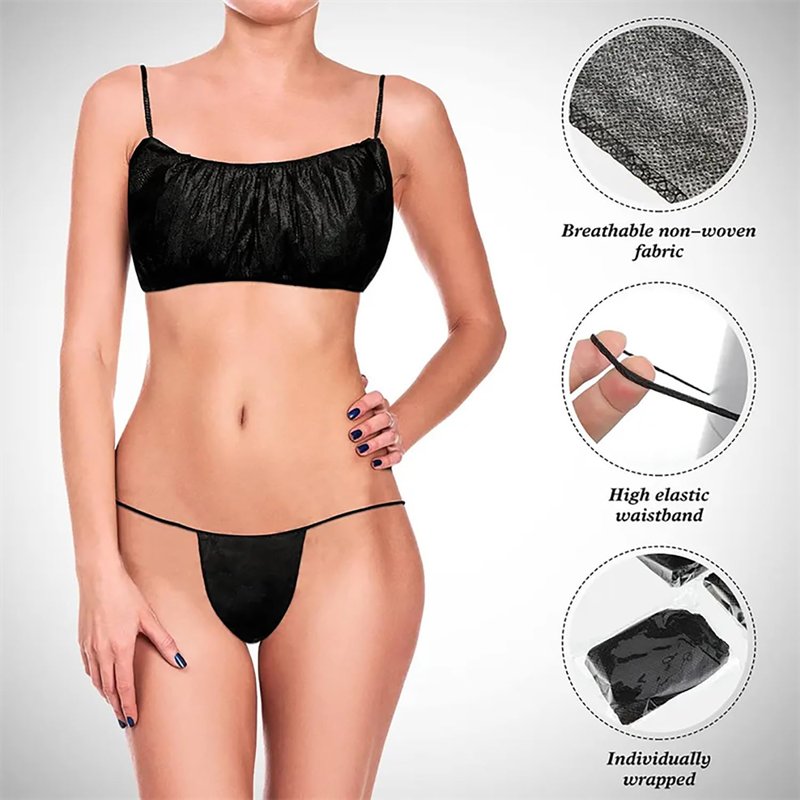 FRASTORDER 50 Pairs (100 Pcs) Disposable Bra and Underwear Set - Black Disposable Thongs & Bras for Spa, Spray Tan, Massage & Waxing - Non-Woven Breathable Salon & Travel Supplies