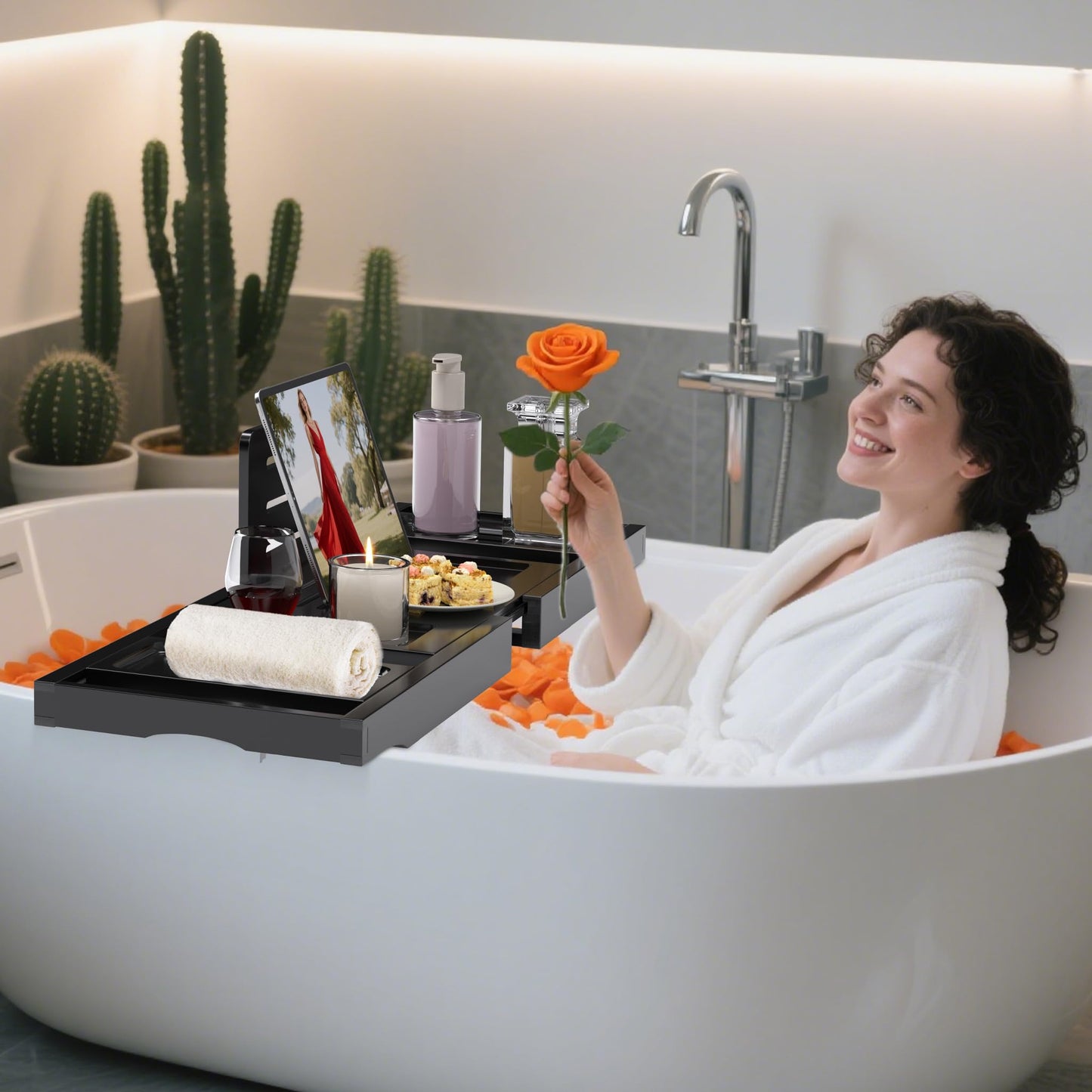 Bathtub Tray Caddy,Premium Bamboo Expandable Bath Tub Trays Table