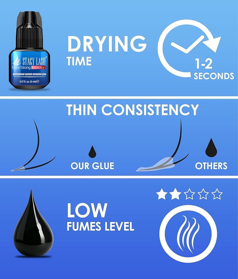 Extra Strong Evolution Eyelash Extension Glue Stacy Lash (0.17fl.oz/5ml)/1-2 Sec Dry/Retention – 8 Weeks/Black Adhesive