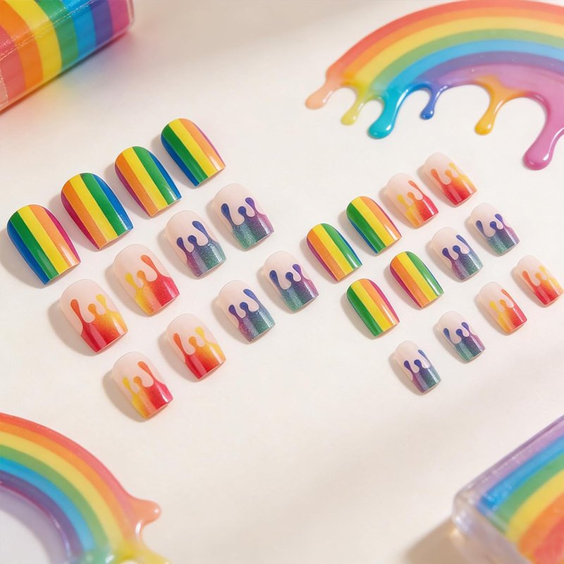 Rainbow Press On Nails - Medium Square Fake Nails with Colorful Stripes | Glossy Full Cover 24 Pcs for Summer