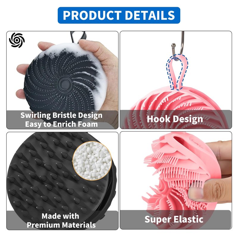 Merleu 2 Pcs Larger Silicone Body Scrubber&Scalp Massager Hair Growth,Dual Sided Dual-Use,Exfoliating Body Scrubber,Wet&Dry Brush for Hair Massager Scalp,Silicone Shower Scrubber (Black and Pink)