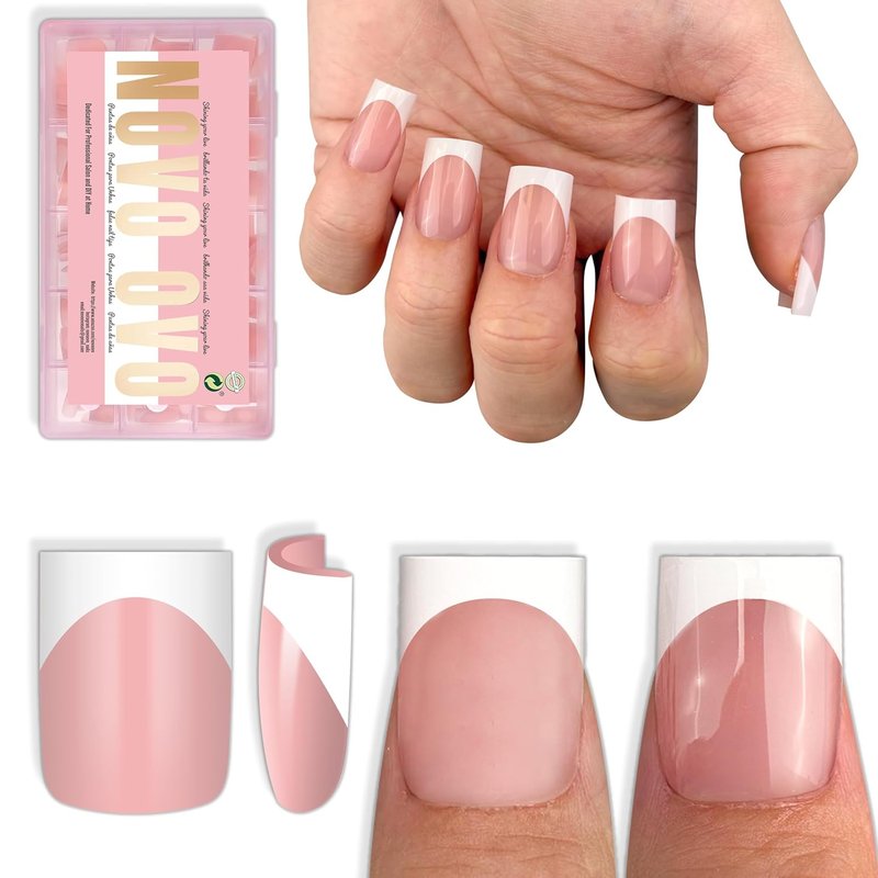 NOVO OVO Press-On Baby Pink French Tip Nail Tips | Full Cover Soft Gel Extensions - 240 Pcs in 15 Sizes