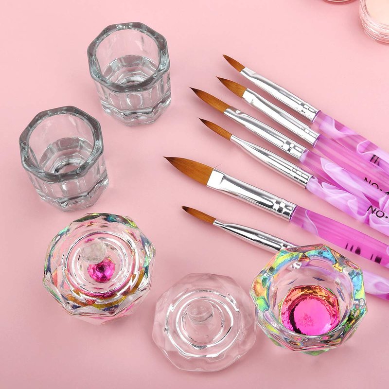 Acrylic Nail Brush Dappen Dish Set - 6PCS Nail Art Pens & 4PCS Crystal Dappen Dishes | Manicure Bowl for Acrylic Liquid