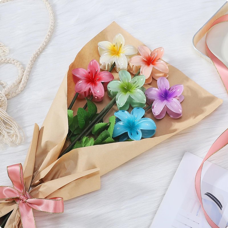 CHANDAT Flower Hair Clips 6 PCS Hawaiian Claw Clips for Vacation Hibiscus Hair Claw Clips Cute Large Hair Clips for Thick and Thin Hair Plumeria Hair Accessories for Women Girls - Hawai