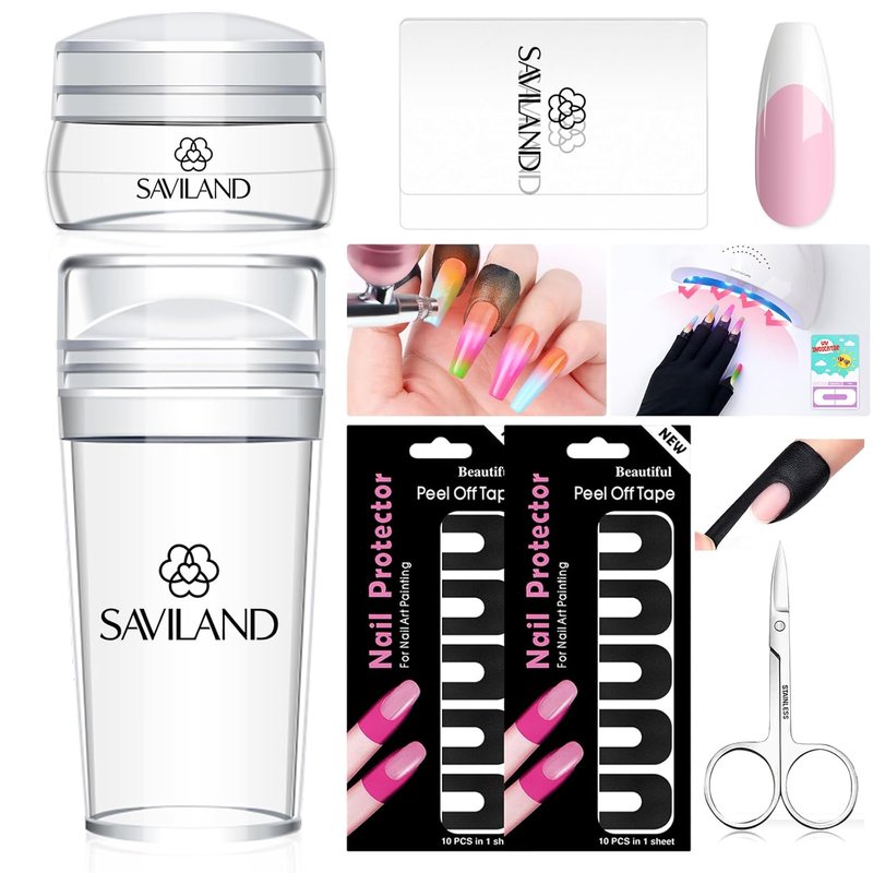 Saviland French Manicure Kit - 4PC Nail Art Stamper & 100PC Polish Protectors for Perfect Nails