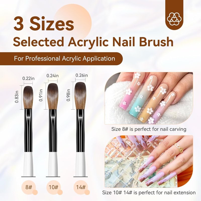 Acrylic Nail Brush Kit - 3 Kolinsky Brushes (Size 8/10/14) & 60ml Cleaner | Plant-Based Formula for Nail Art & Care