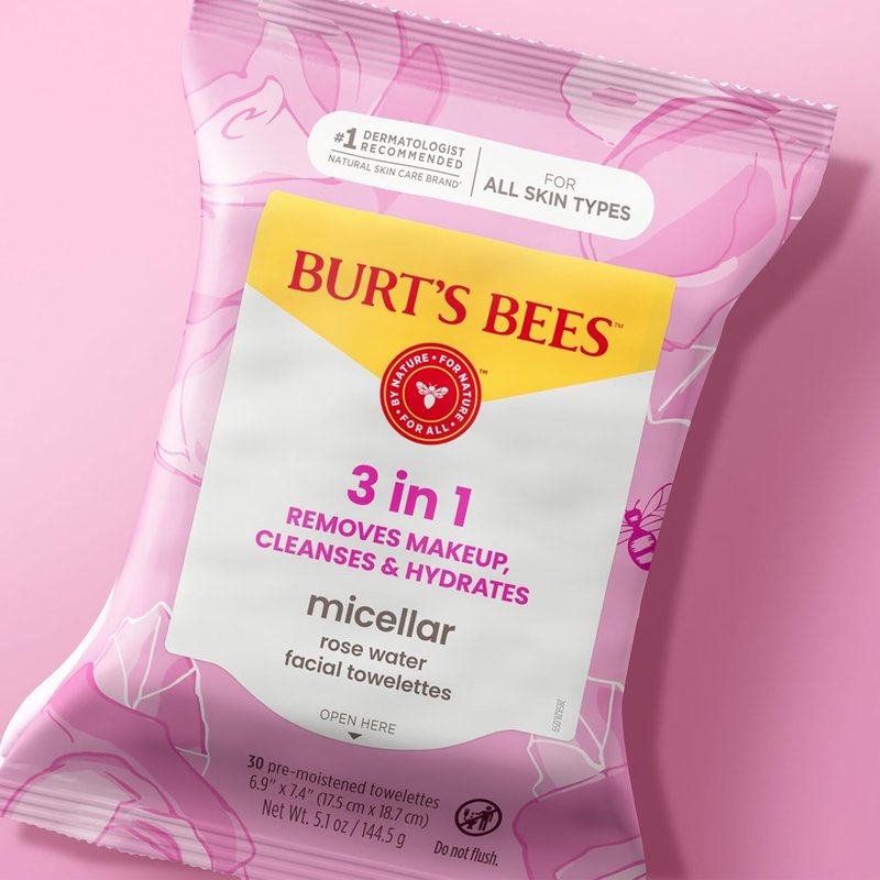 Burt's Bees Micellar Rose Water Facial Towelettes - 100% Plant-Based Cloth, 30 Ct | Hydrating Makeup Remover for All Skin Types