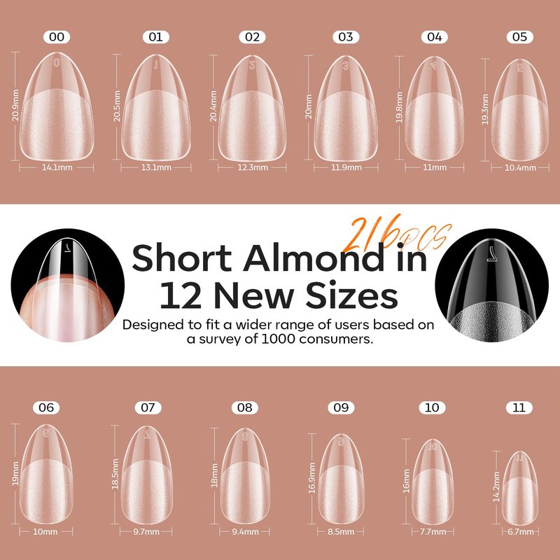 modelones X Nail Gel Kit Short Almond, 9-in-One Nail Glue with Mini UV Light 216Pcs 12Sizes Pre-Etched Press ons Fake Acrylic Extension Kit DIY Salon Gift for Women