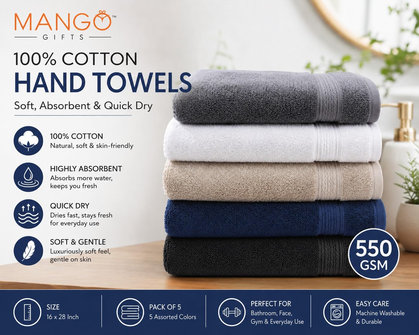 Mango Gifts 100% Cotton Hand Towels for Bathroom, Soft and Quick Dry Bath Towel for Face and Gym, Highly Absorbent Everyday Use, 550 GSM, 16 x 28 Inch, Pack of 5
