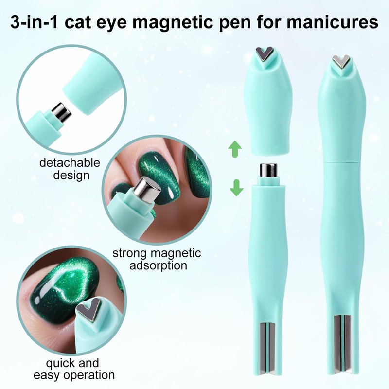3 in 1 Cat Eye Magnet for Nails, Multifunctional Magnet Tools Nails Design Cat Eye Gel Polish Magnetic Pen Line & Heart Shaped Round Accessories for Home DIY Art Salon Studio