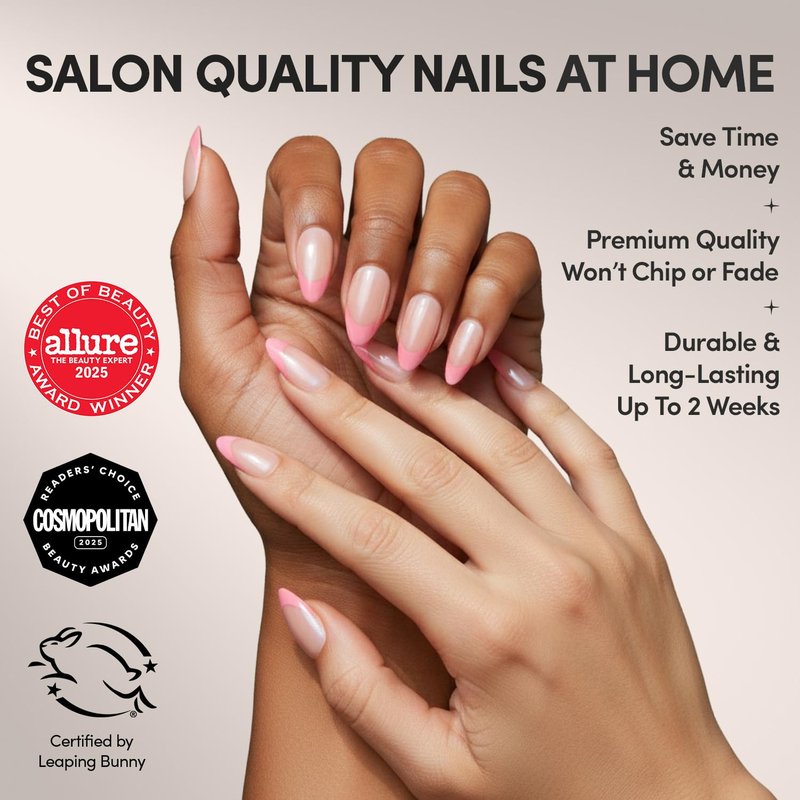 Glamnetic Press On Nails - Bubble Gum Glaze | Short Almond Pink French Tip Fake Nails with a Glaze Finish | 15 Sizes - 30 Nail Kit with Glue