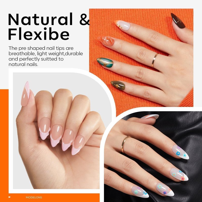 Modelones X Nail Gel Kit - 15 Sizes Almond Fake Nails with 9-in-One Glue & Mini UV Light | 510 Pcs Medium Almond Tips for DIY Salon Use