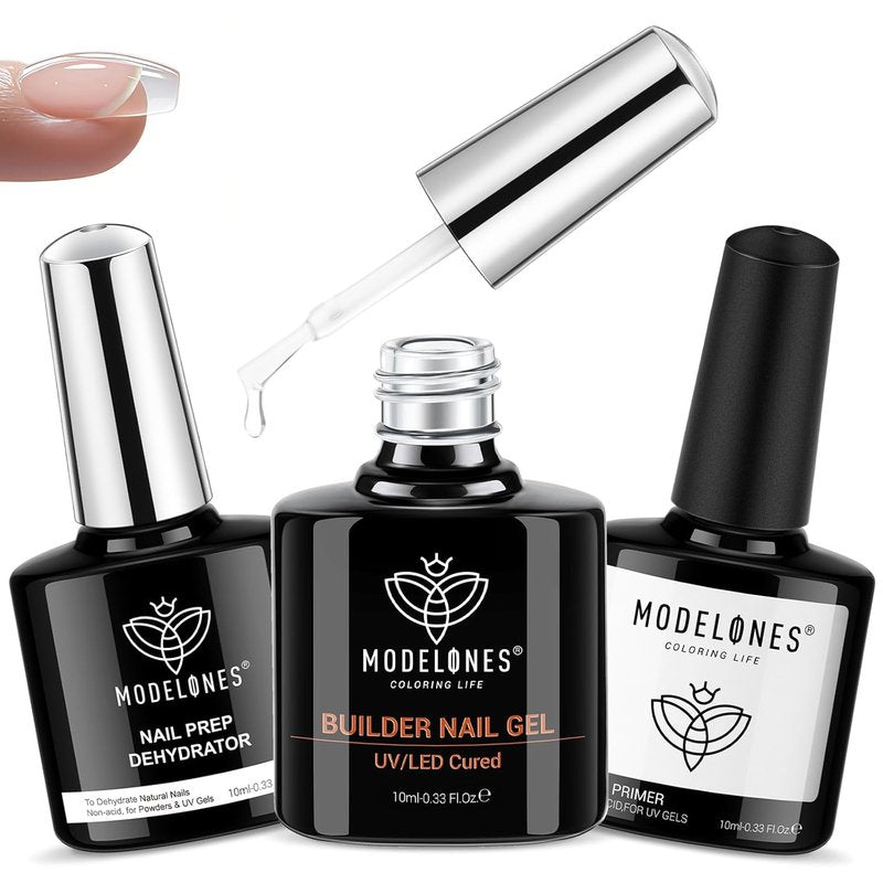 modelones Nail Thickening Solution, Dehydrator and Primer & Builder Nail Gel, 3Pcs Prep Dehydrate & Bond Primer Clear Gel Builder Polish Base Coat for Strengthener Apex Building, LED Lamp Cured 10ml