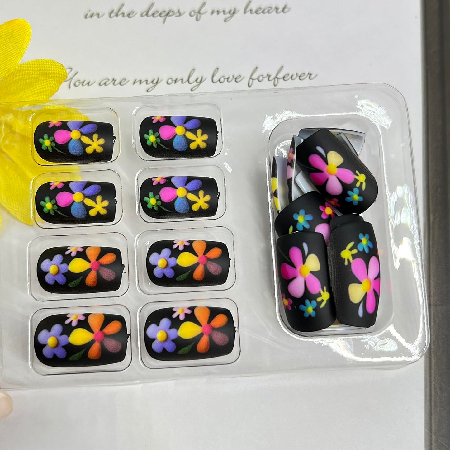 Skiennix Short Square Flower Press-On Nails - Multicolor Floral Design | Black Matte Full Cover, 24 Pcs