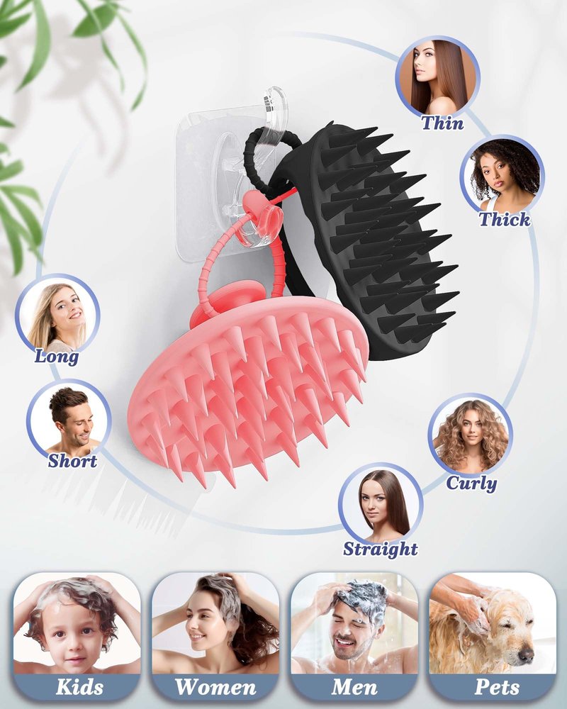 Manmihealth Large Hair Scalp Scrubber, One-piece Silicone Scalp Massager for Wet Dry, Long Bristles Shampoo Brush for Dandruff Removal and Hair Growth with Free Strap&Hook. (Style 1 Black)