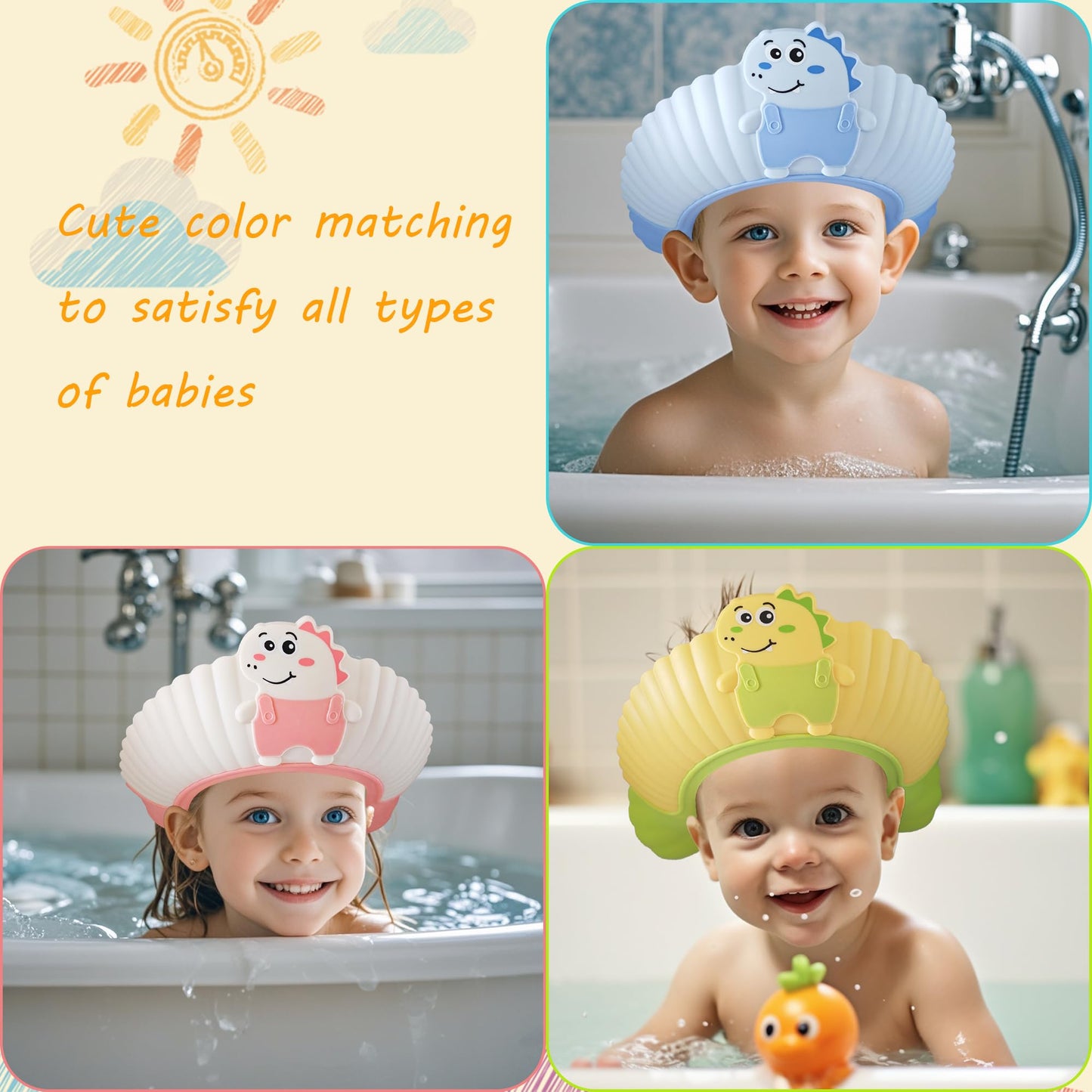 Baby Shower Cap Shield, Shower Cap for Kids, Visor Hat for Eye and Ear Protection for 0-9 Years Old Children, Cute Little Dinosaur Shape Makes The Baby Bath More Fun (Blue)