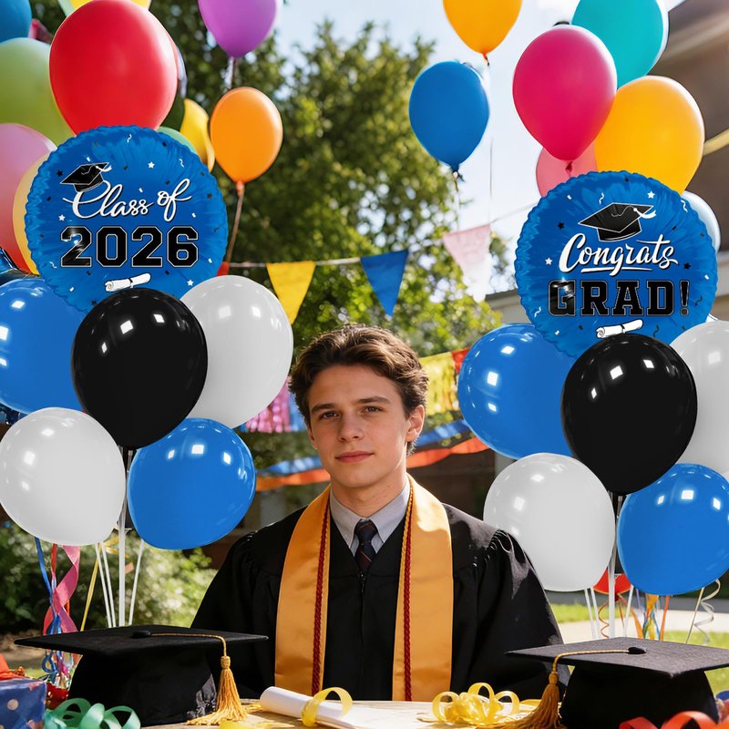 Graduation Decorations - 4 Set Balloon Stands, Class of 2026 Congrats Grad Table Centerpieces for Graduation Party Supplies(Blue & Black)