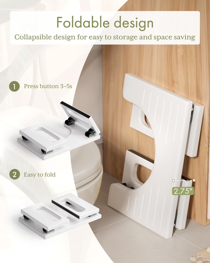 AmazerBath 7 Inches Bamboo Toilet Stool Squat for Adults, Foldable Poop Stool for Bathroom, 0.79" Thickness Potty Step Stool with Non-Slip Strip, No Assembly Required, Space-Saving, White