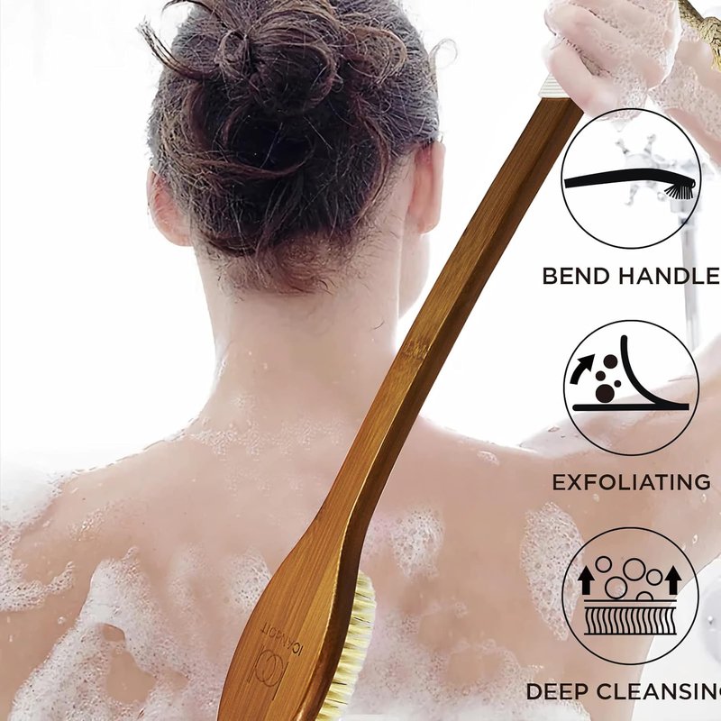 Natural Boar Bristle Bath Brush - Anti-Slip Long Handle Shower Scrubber | Exfoliating Back Brush with Pumice Stone (17.71 Inch)
