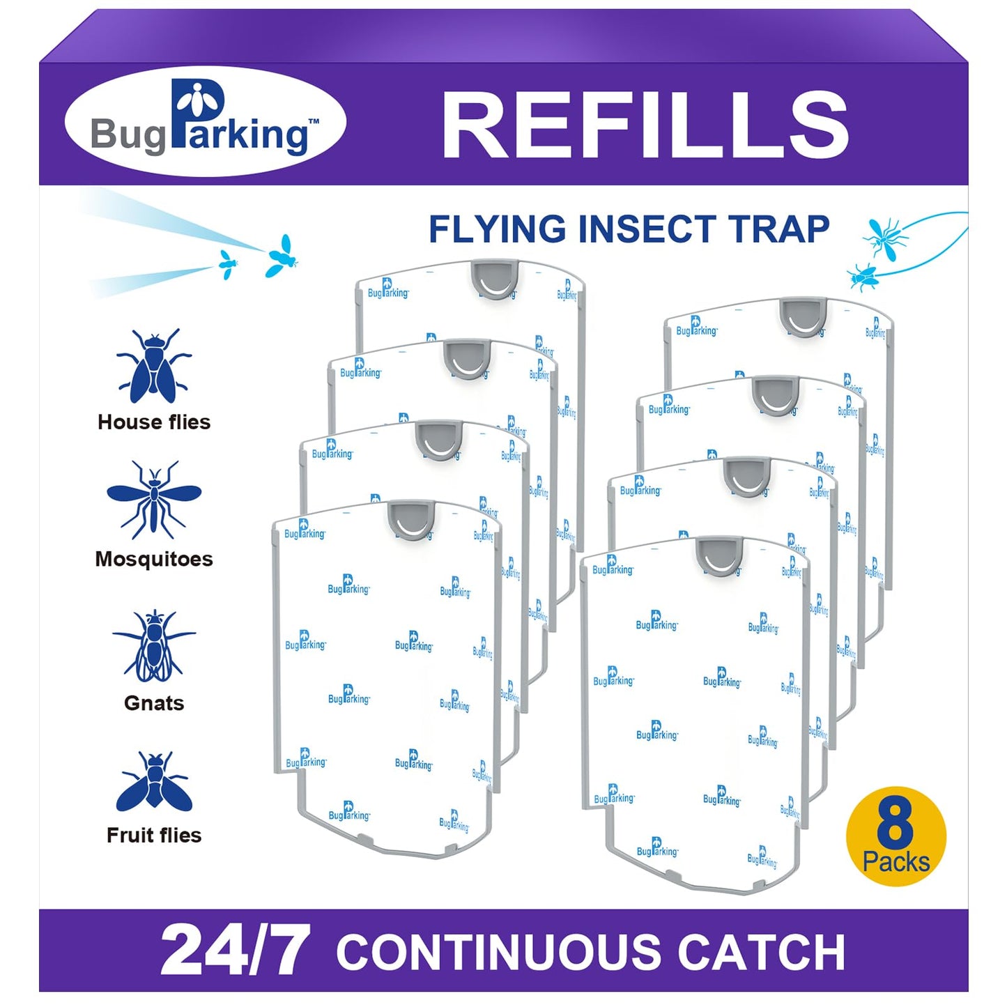 Bug Parking Flying Insect Trap Refill Cartridge, High-Stick Replacement Glue Boards, Pack of 8 Refills