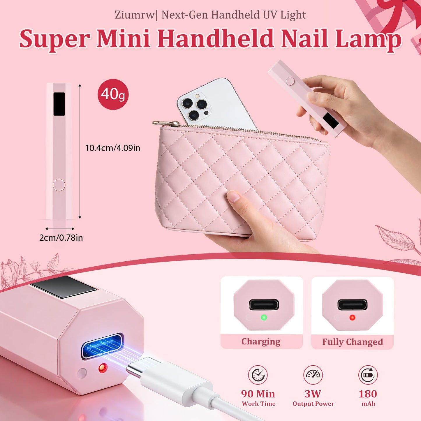 Ziumrw Handheld UV Nail Light for Gel Nails, Flash Cure Nail Lamp with LED Display, Mini Led Nail Lamp Pen Settings 20/60s Timer, Hand Held Nail Light for Glue Polish Home Salon DlY
