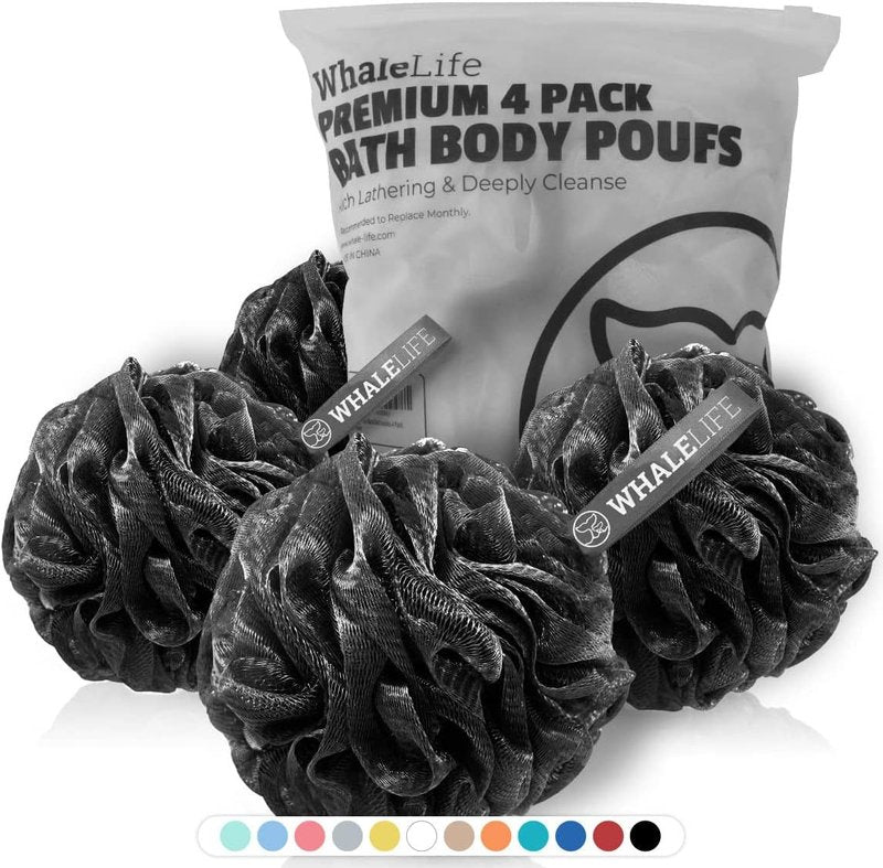 Loofah Bath Sponges - Gentle Exfoliating Shower Scrubber for Rich Lather | Durable Mesh Body Scrubber, 4 Pack - Black
