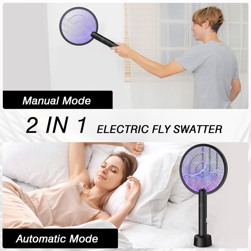 Gooqand Bug Zapper Racket, 2 Mode Fly Swatter USB Rechargeable, 4000V Electric Fly Zapper with 3 Layer Safety Mesh，Electric Racket for Kitchen, Home, Garden and Outdoors