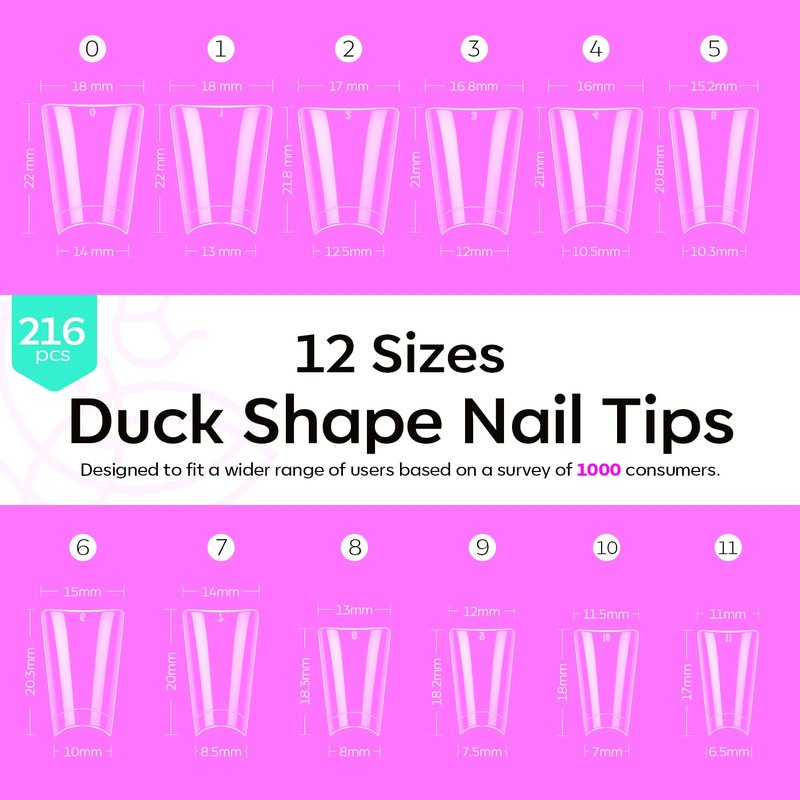 Modelones Duck Nail Tips - Short Flare Pre-Shaped Gel Tips for Acrylic Nails | 216PCS, 12 Sizes