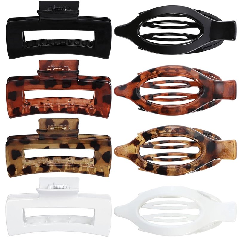Large Hair Claw Clips for Women - 8 Pcs Square & Flat Clips for Thick or Thin Hair | Leopard Print Design