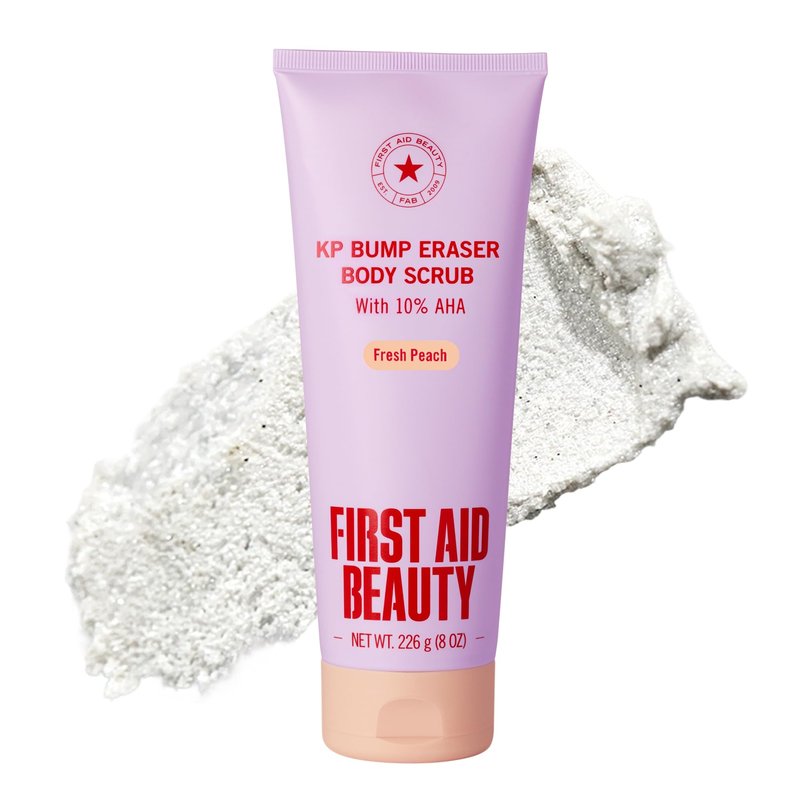 First Aid Beauty KP Bump Eraser Body Scrub Peach Scent, 10% AHA Keratosis Pilaris Exfoliator (Glycolic & Lactic Acid) Treatment for Strawberry Legs, Razor Bumps & Rough Bumpy Skin