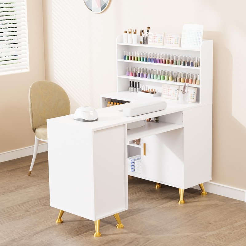 OmySalon L Shaped Manicure Table with Dust Collector, 52" L Corner Nail Desk for Nail Techs, w/Polish Display Rack Arm Rest, Acetone Resistant Top, Drawer and Cabinet Storage, for Nail Salon