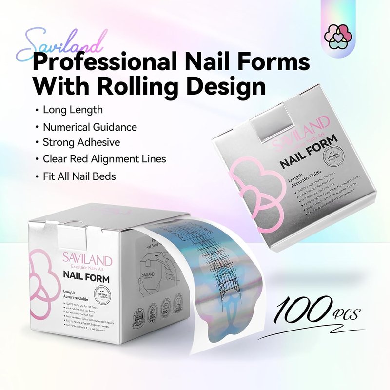 Saviland Long Length Reusable Nail Forms - Super Sticky Poly Gel Stencils for Acrylic Nails | Durable Self-Adhesive Design