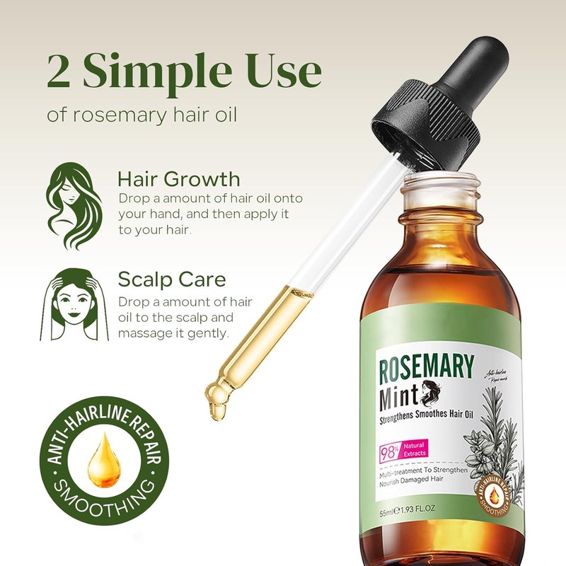 Rosemary Mint Hair Oil for Hair Growth, Strengthening and Smoothing Hair Oil, Deep Moisturizing and Nourish for Split Ends and Dry Scalp, Aromatherapy, Lightweight and Non-Greasy, 1.93 Fl Oz