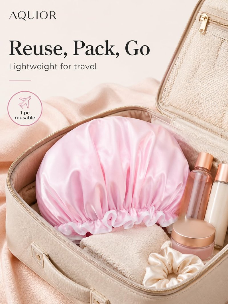 Aquior Shower Cap for Women, Waterproof Reusable Hair Cap with Soft Elastic, Large Size for Long Hair, Cute Pink Bath Cap for Shower, Skincare, Cooking, Spa and Travel Use
