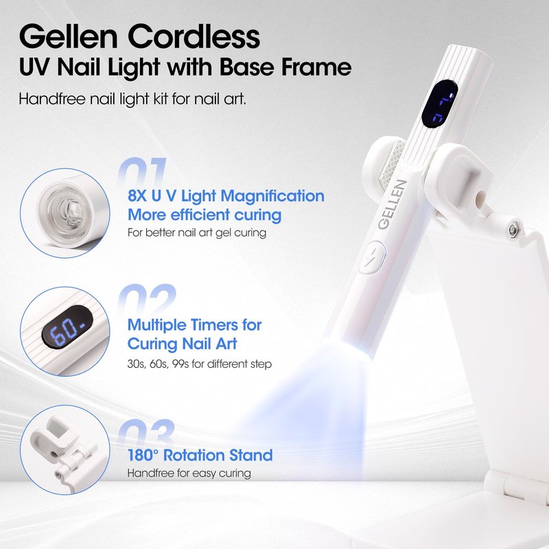 Gellen UV Light for Gel Nails with Stand, Mini Handheld UV Nail Lamp, Flash Cure Nail Lamp Cordless Rechargeable Nail Dryer with LCD Display, 3 Timers 30s/60s/99s, 180° Rotatable Holder (White)