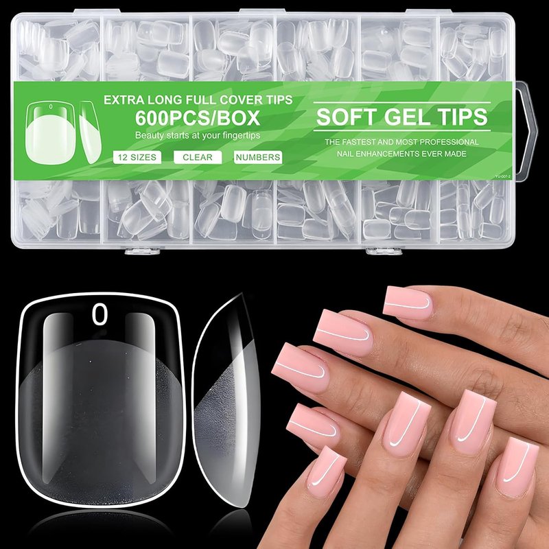 Skiennix 600pcs Short Square Nail Tips - Full Cover Soft Gel Fake Nails for DIY Nail Art | 15 Sizes