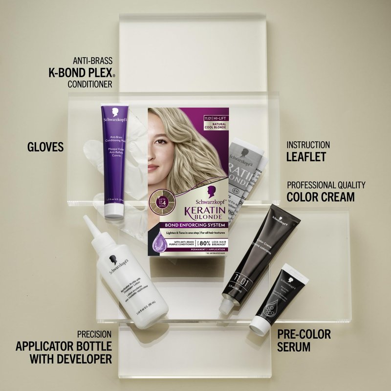 Schwarzkopf Keratin Blonde Hair Dye, 11.01 High Lift Natural Cool Blonde, Professional Quality Permanent Hair Color, Bond Enforcing System, Pre-Color Serum & Conditioner Included