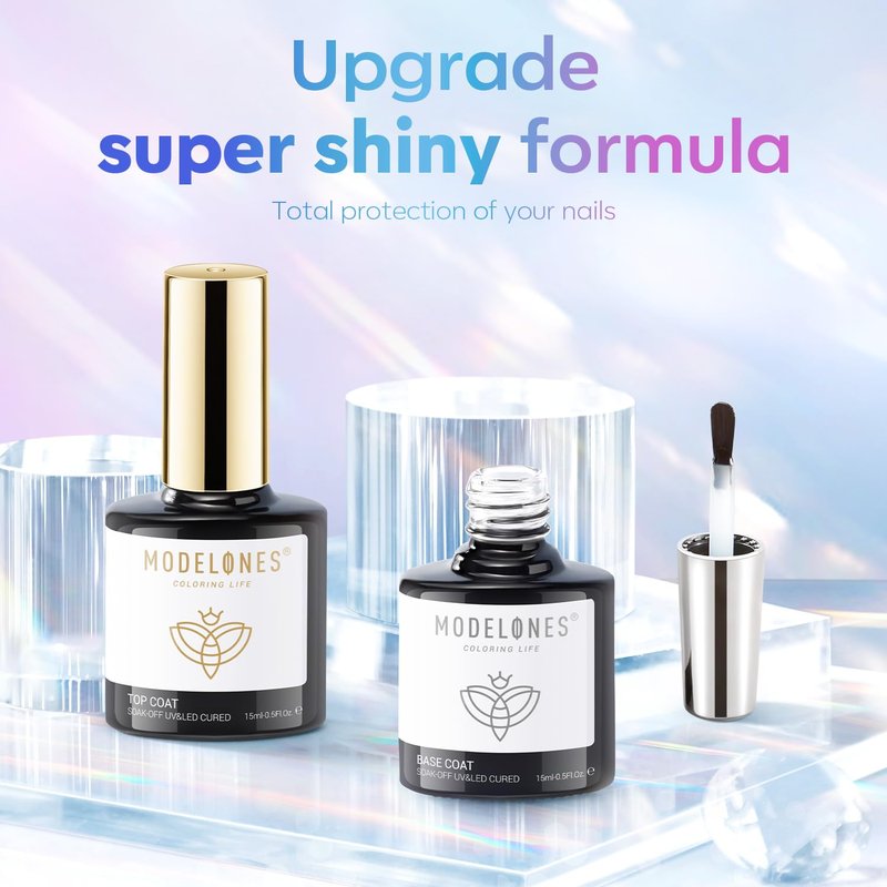 Modelones Gel Top Coat - 15ml Super Shiny Base & Top Coat Set with Christmas Nail Stickers