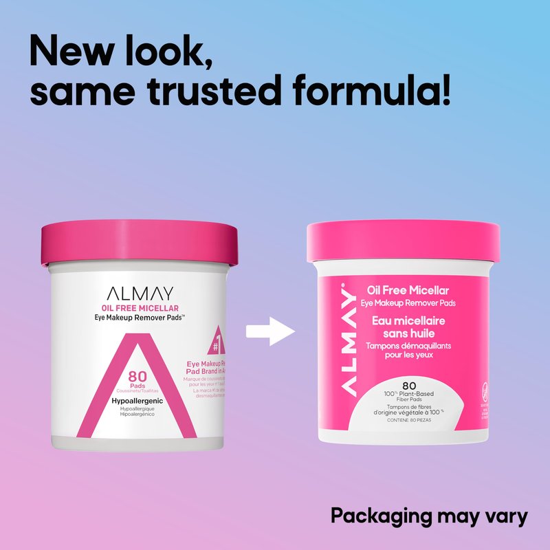 Almay Oil Free Micellar Eye Makeup Remover Pads, Gentle & Hypoallergenic, Fragrance-Free, Ophthalmologist Tested, Suitable for Sensitive Eyes, 80 count