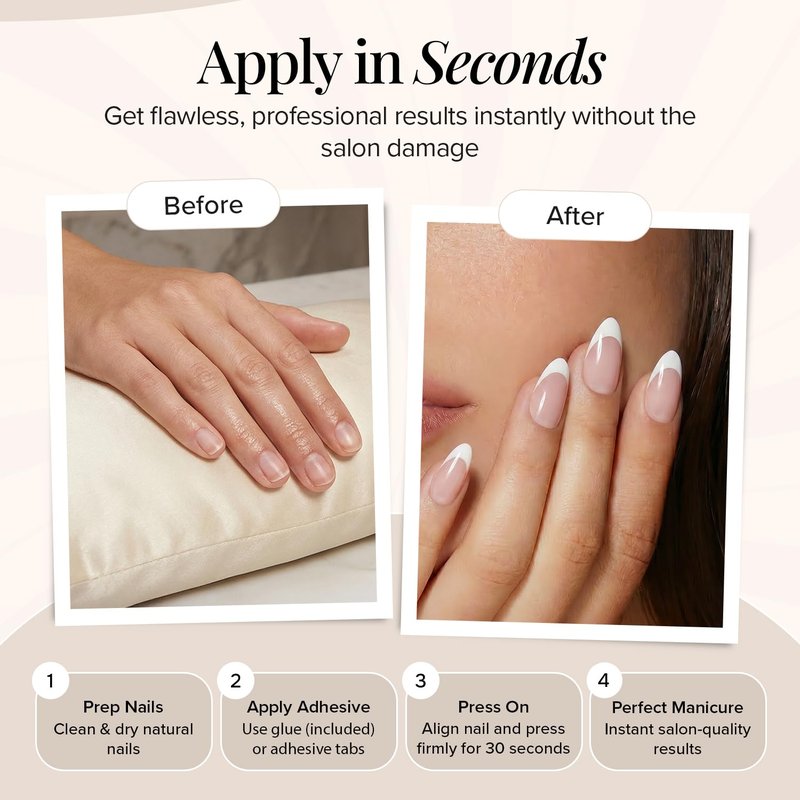 Reusable Pop-On Manicures - French Tip Press On Nails | Short Almond, Salon Quality, 30 PK, 15 Sizes