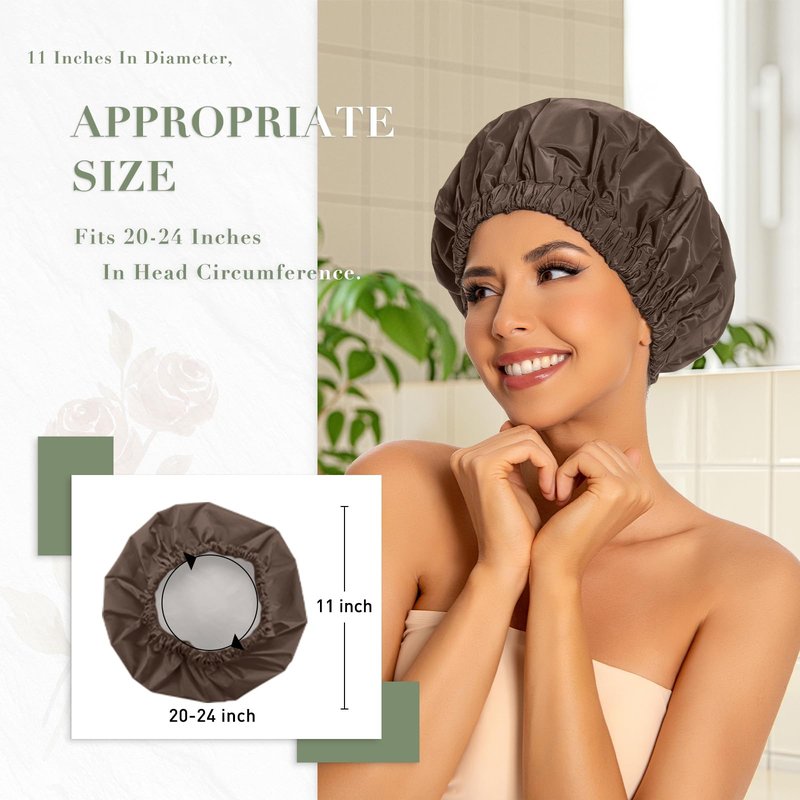 Reusable Shower Cap for Women, Large Waterproof Shower Bonnet with Elastic Band, Washable Bath Hair Cap for Long, Curly Hair, Braids, Daily Shower, Home Spa, Travel(Dark Coffee)