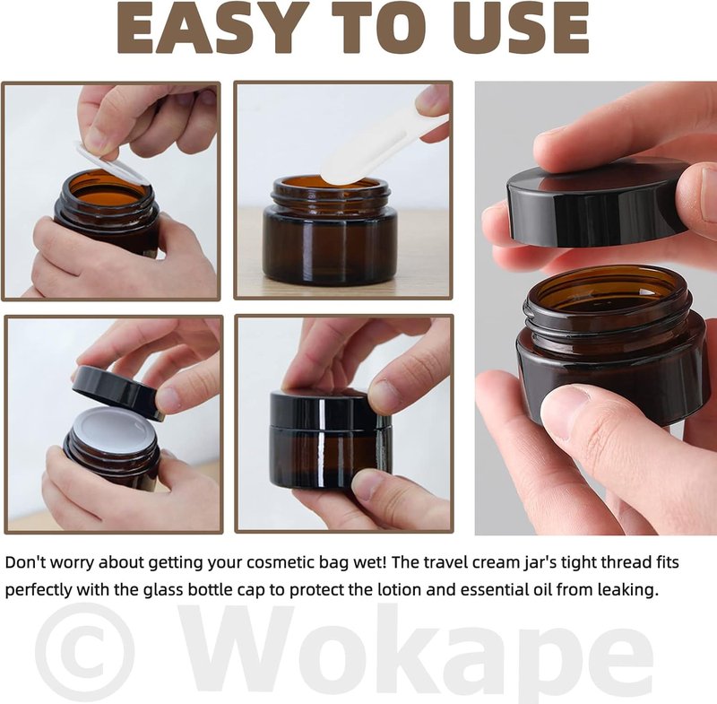 20Pcs 5ml Round Glass Jars with Liner Lids Spoons, 0.17oz Amber Refillable Cosmetic Storage Jars for Cream Lotion Liquid Powder