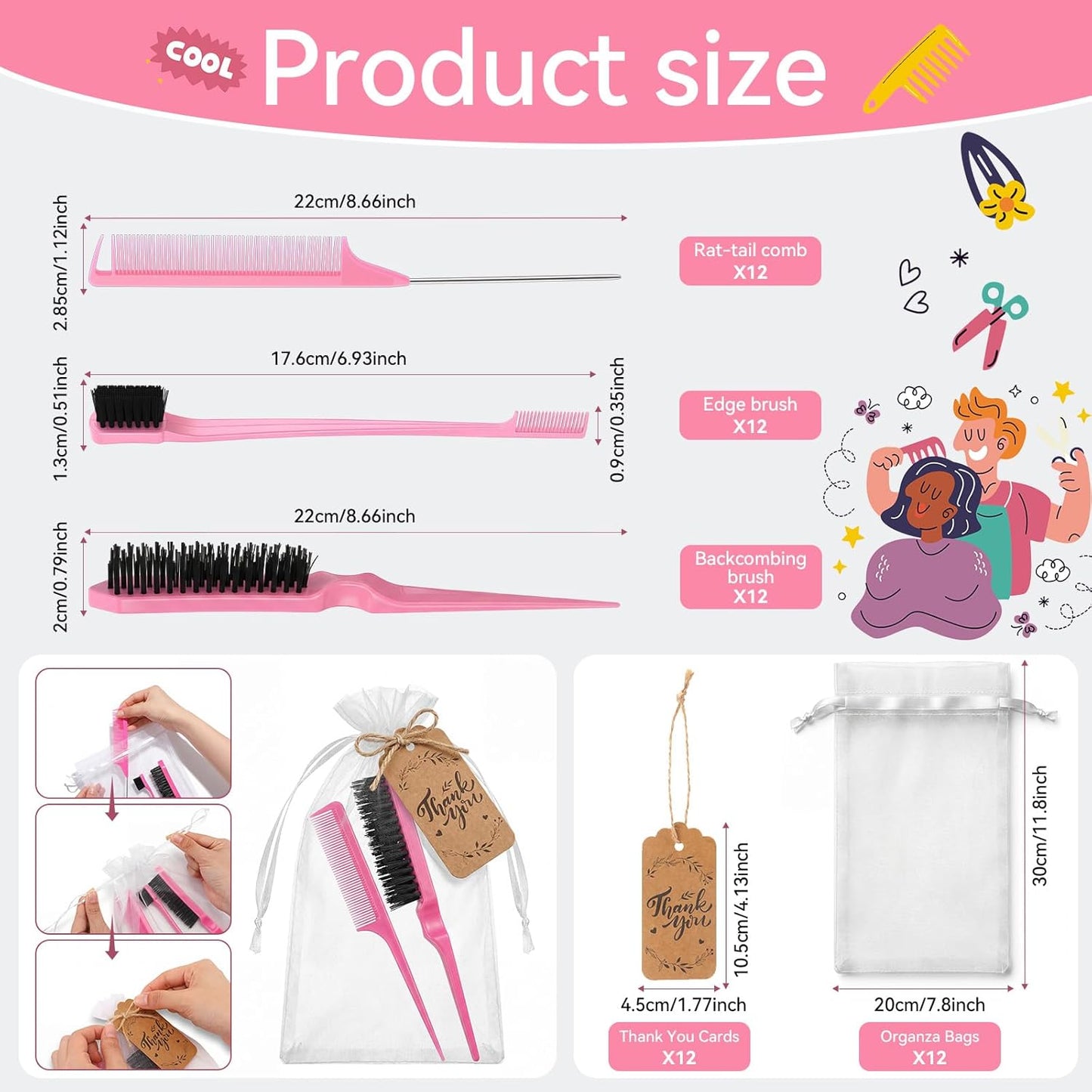 Slick Back Hair Brush Set - 12-Piece Teasing & Styling Comb Kit | Includes Gift Bag & Thank You Card