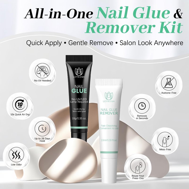 Nail Glue & Nail Glue Remover for Press On Nails, 10g Semi Sold Glues No Curing Needed, 10ml Gentle Quick Remove Not for Gel Polish Base Coat, Upgraded Long Lasting 28+ Days Fake Acrylic Tips