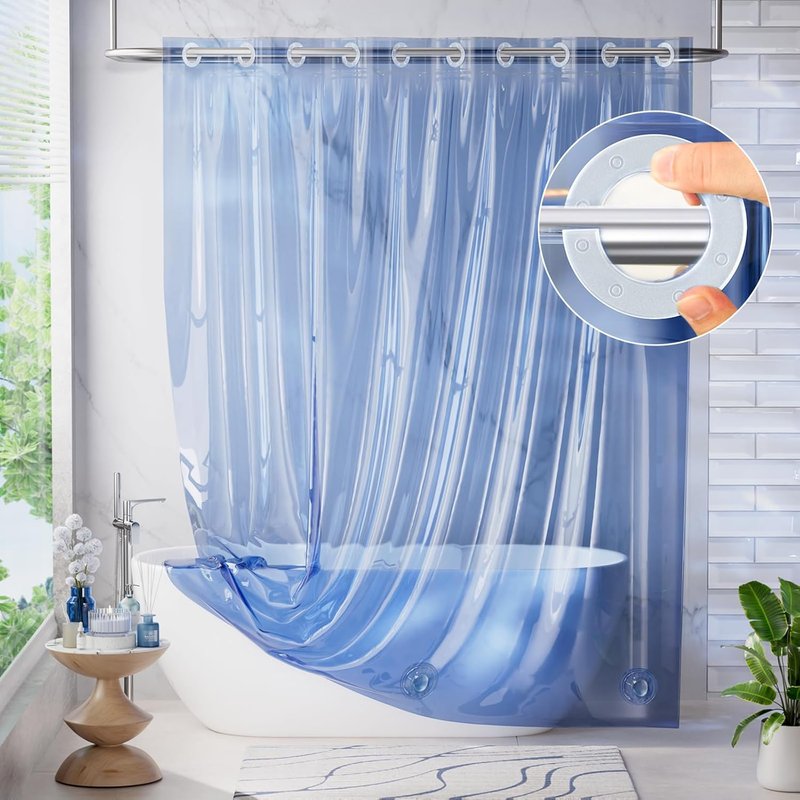 AmazerBath No Hook Shower Curtain - Luxury Heavy Duty Clear Blue 72x75 EVA Liner with 3 Weights
