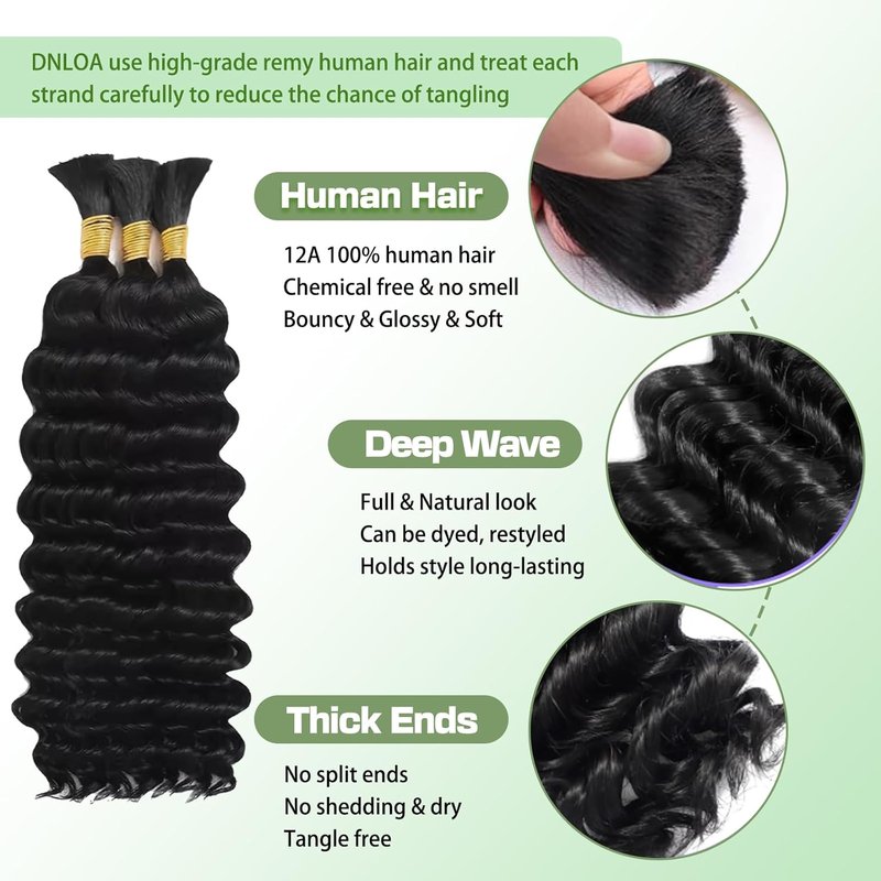 Human Braiding Hair for Boho Braids, 14 Inch 100% 12A Deep Wave Boho Hair for Braiding 3 Bundles/Pack Bohemian Bulk Human hair No Weft Extensions for Braid with Curly Ends 110g Natural Black