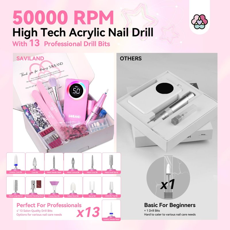 SAVILAND 50000RPM Professional Nail Drill: 2026 Rechargeable Electric Nail File 6000mAh Nail Filer Electric for Manicure Pedicure Shaping & Acrylic Removal Salon Use Drill para Uñas Profesional