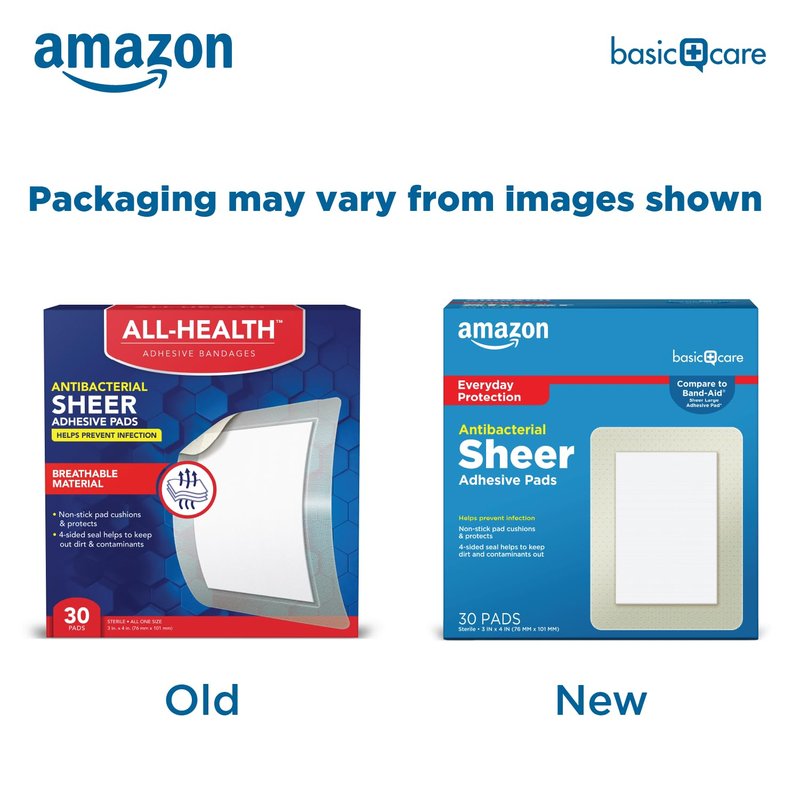 Amazon Basic Care Sheer Adhesive Pad Bandages for Minor Cuts, Scrapes and Wounds, Extra Large 3 x 4 in, Non-Stick Pad, 30 Count