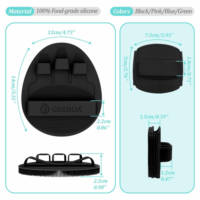 GEENOA Silicone Body & Face Scrubber Set, 360° Anti-Slip & Hand-fit Silicone Shower Scrubber for Rich Foaming Deep Cleaning, Unique Facial Scrubber with Side-bristles for Contoured Areas.(Black)